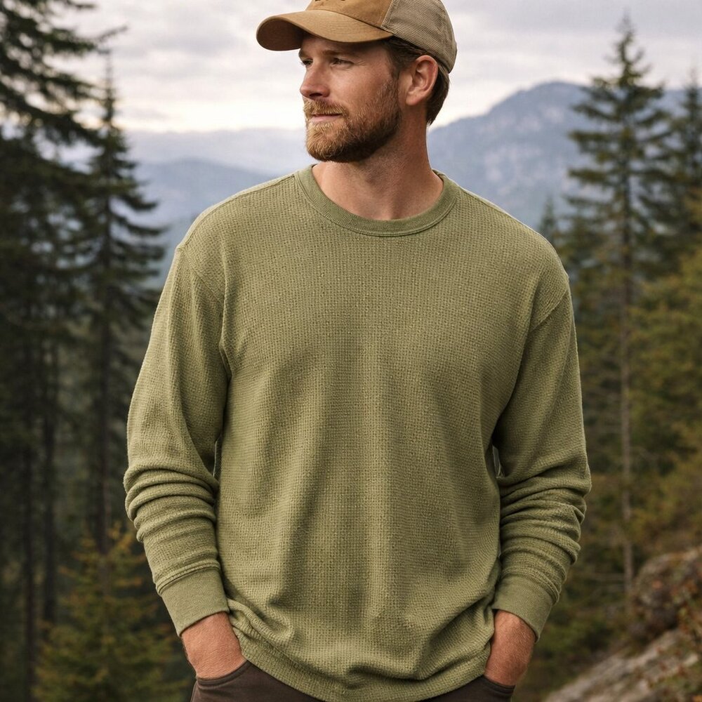 Vintage Eddie Bauer Mens Waffle Knit Thermal Shirt Size XL Green Crew Neck Layer